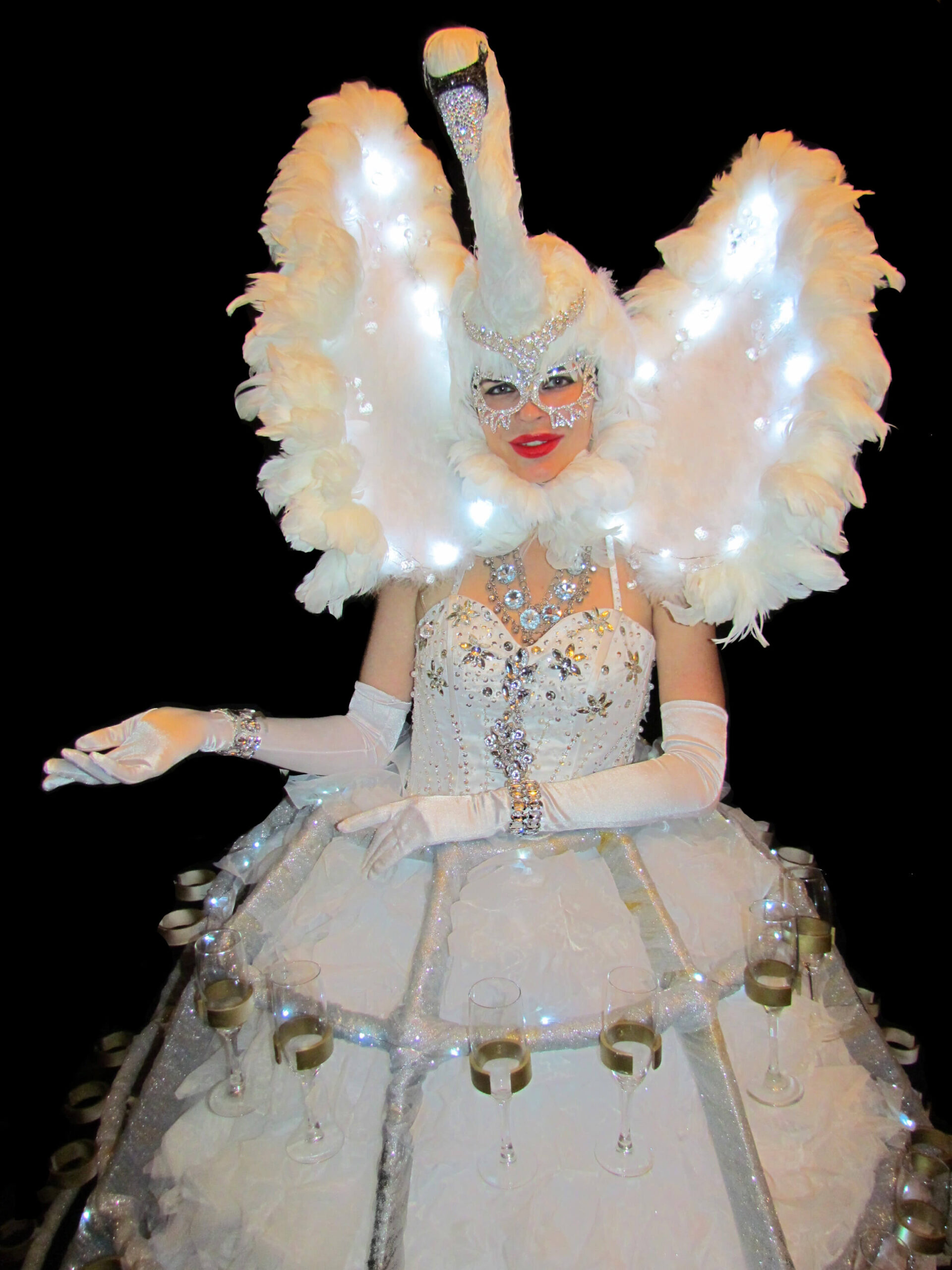 A woman in a swan costume with make up