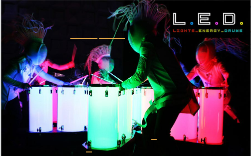 L.E.D., Lights, Energy, Drums, on a white background